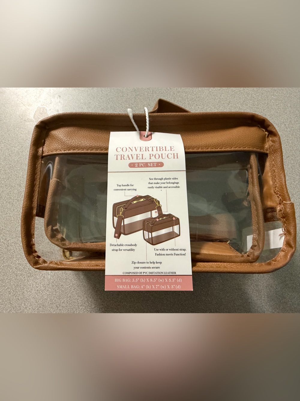 Convertible Travel Pouch Set of Two - Brown Clear Organizer